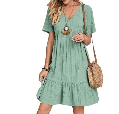 Damen-Sommerkleid, lockere Passform, lässiges T-Shirt Kleid, V-Ausschnitt, Kurzarm, Rüschensaum