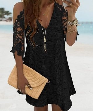 Damen Kleid mit großem Schweizer Punkt, V-Ausschnitt, Spitzensaum, gerades Kleid, Urlaub, bequeme Passform, elegant, Stran…