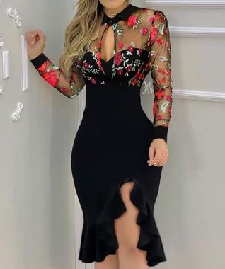 Damen-Midikleid mit Blumenstickerei, durchscheinendes Netzgewebe, lange Ärmel, Rüschensaum, Seitenschlitz, elegant, sexy, …