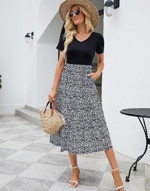 Lässiges Midi-Kleid für Damen, kurzärmelig, hohe Taille, locker, Bohemian-Stil, Sommer, Strand, Swing-Kleider mit Tasche