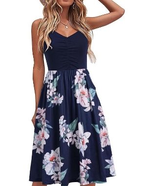 Damen Sommer Spaghettiträger Kleid V-Ausschnitt Geraffte Vorderseite Blumenmuster Casual Sonnenkleider mit Taschen