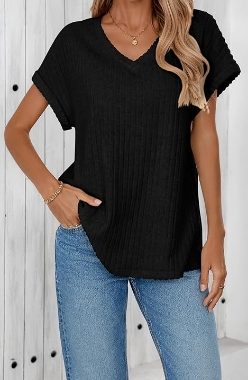 Damen-Sommer-Top, kurzärmelig, V-Ausschnitt, lässig, Strick-T-Shirt, Frühlingsmode, Business-Tunika, Blusen