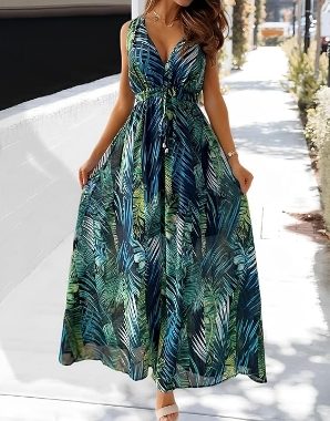Damen Sommerkleid Sexy V-Ausschnitt Maxikleider Ärmellos Boho Blumendruck Strandkleid, rückenfrei, langes Sommerkleid