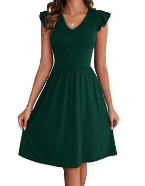 Damen Sommerkleid, niedlicher V-Ausschnitt, Rüschenärmel, Cocktailkleid, kurzes Arbeitskleid, Freizeitkleid mit Taschen, D…