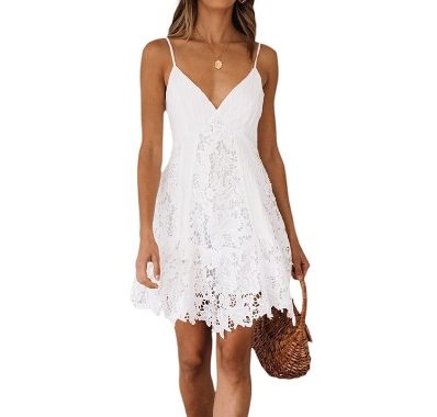 Damen-Minikleid, Spaghettiträger, V-Ausschnitt, Spitze, solides Sommer-Sling-Kleid für Club-Party