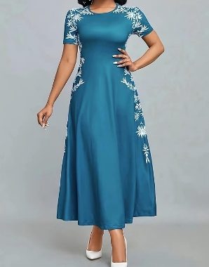Einfarbiges Damen-Kleid, kurzärmelig, lässig, elegant, knöchellang