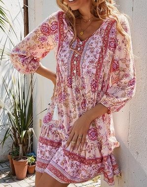 Damen Boho Minikleid Sommer Blumen 3/4 Langarm V-Ausschnitt Flowy Lose Casual Strandkleider