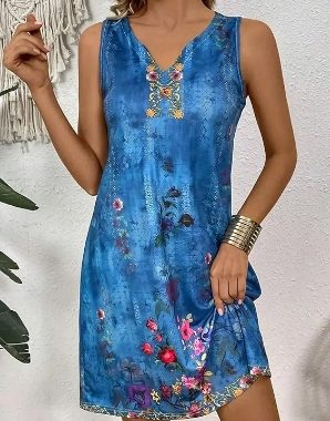 Damen-Kleid, Sommer, Strand, Urlaub, Boho, ärmellos, lässig, locker, V-Ausschnitt