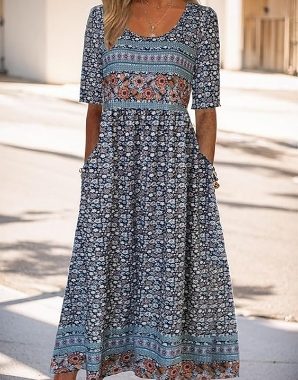 Damen-Maxikleid mit Blumendruck, kurze Ärmel, mit Taschen, für den Sommer, Freizeitkleidung