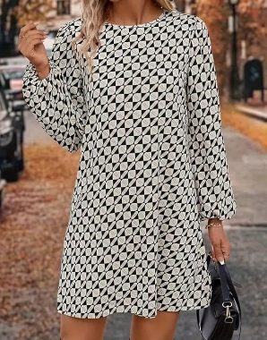 Damen Kleid 2025, langärmelig, Allover-Print, Laternenärmel, knielang, Herbst, fließend, lässig, kurze Kleider