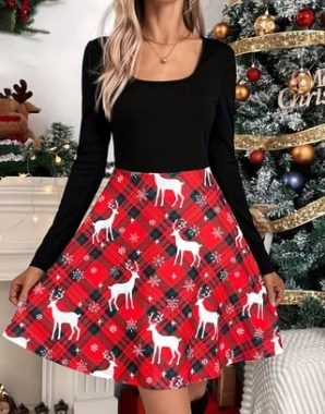 Damenkleid, langärmelig, Rundhalsausschnitt, Weihnachtsdruck, Midi, lässiges Kleid für den Sommer