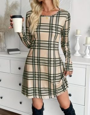 Damenkleid, Vintage-Stil, kariert, Rundhalsausschnitt, lange Ärmel, A-Linie