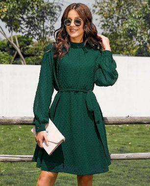 Damenkleid für Herbst 2025, lässig, Rundhalsausschnitt mit Gürtel, Schweizer Punkte, lange Ärmel, hohe Taille, lässig, ges…