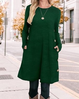 Langärmeliges Tunika-Kleid für Damen, Herbst-Outfits mit Taschen und Knöpfen