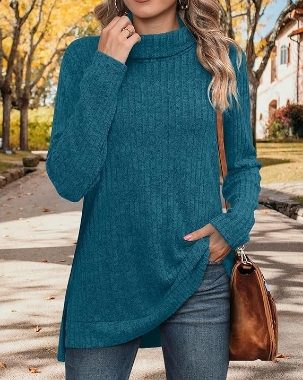 Damen-Tunika, Rollkragen, langärmelig, Übergröße, Herbstpullover, seitlicher Schlitz, hoher niedriger Saum