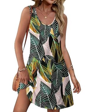 Sommerkleider für Damen, V-Ausschnitt, ärmellos, Strandkleid, Urlaub, lässig, Blumenmuster, Boho-Tankkleid mit Taschen