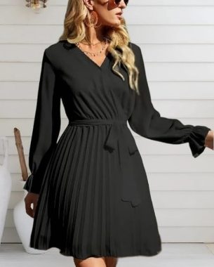 Kleid für Damen, langärmelig, lässig, tiefer V-Ausschnitt, Taillenbindung, schwingend, plissiert, Hochzeitsgäste, Mini-Kle…