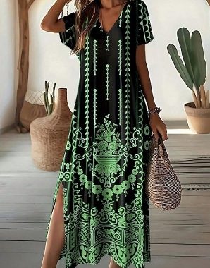 Kaftankleider für Damen, Stickerei, kurze Ärmel, Strandkleid, V-Ausschnitt, Maxi-Kaftan-Kleid