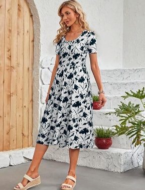 Damen-Sommerkleid, Rundhalsausschnitt, kurze Ärmel, A-Linie, plissiert, Midi-Kleid, trendig, lässig, fließend, mit Taschen