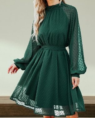 Sommerkleid für Damen, 2025, lässiges Minikleid, Schweizer Punkte, Party mit Gürtel, hoher Halsausschnitt