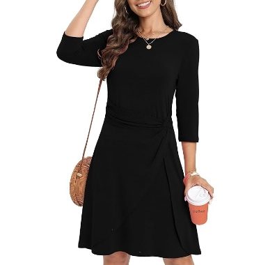 Lässiges T-Shirt-Kleid für Damen, gerüscht, fließend, Midi-Kleid, gedrehter Knoten, A-Linie, 3/4-Ärmel, T-Shirt-Kleid für …