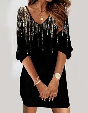 Damen V-Ausschnitt Freizeitkleid Funkelndes geometrisches Muster Print Partykleider