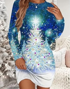 Damen Weihnachtskleid Weihnachtsbaum Schneemann Rundhals Langarm Pullover Kleid