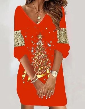 Damen Weihnachtskleid Kostüm Weihnachtsbaum V-Ausschnitt Langarm Pullover Kleider