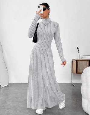 Pulloverkleid für Damen, schmale Passform, langärmelig, hoher Halsausschnitt, einfarbig, Pullover, Tunika, knielang, elega…